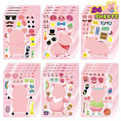 24 Stück Schweine-Aufkleber für Kinder, Kleinkinder, Make-a-Gesichts-Aufkleber, machen Sie sich selbst, Kawaii-Schweinchen-Aufkleber, niedliche Tier-Aufkleber für Geburtstag, Party, Gastgeschenk,