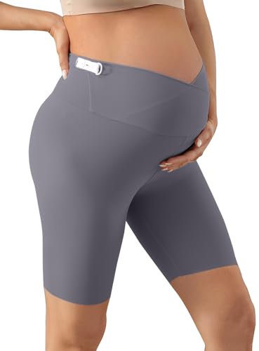 GroYolan Legging Maternité Court Femme Grossesse Pantalons Ajustable Maternité Sport Tenue au-Dessus des Bosses Vêtements été Femme Enceinte Gris XL