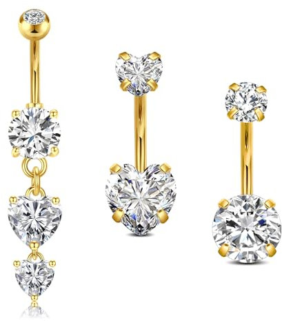 WillTen 3Pcs Gold Bauchnabelpiercing Chirurgenstahl, 14G 10mm Bauchnabelpiercing Schmetterling Herz Bauchnabelpiercing Set mit Anhänger, Piercing Bauchnabel Belly Piercing Bauchnabelpiercing Ring
