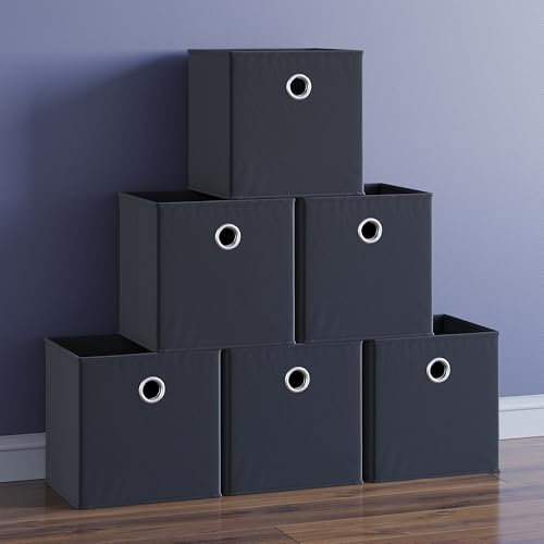 Vida Designs Durham Foldable Storage Cube Baskets Fabric Box With Metal Easy Access Handle Home Organiser (Black, 6 Pack)