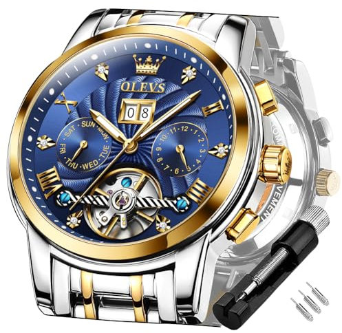 OLEVS Gold-Blau Automatikuhren für Herren Tourbillon Automatik Mechanik Luxus-Kleid Edelstahl Armband Leuchtend wasserdicht Herren-Armbanduhr