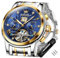 OLEVS Gold-Blau Automatikuhren für Herren Tourbillon Automatik Mechanik Luxus-Kleid Edelstahl Armband Leuchtend wasserdicht Herren-Armbanduhr