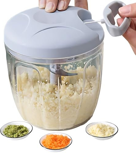 Ktchnhlprz Multizerkleinerer mit Seilzug, 900ml, Gemüseschneider, Zwiebelschneider, extra groß, 5 Edelstahlklingen, Universalschneider, Hacker, Häcksler