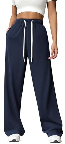PINSPARK Jogginghose Damen Sporthose Lang Baggy Traininghose High Waist Freizeithose Lockere Sweatpants mit Elastischem Bund Weites Gerades Bein Yoga Gym Hose Laufhosen Navy Blau L