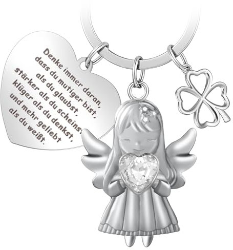 Schlüsselanhänger Schutzengel mit Herz und Gravur Inspirierende Geschenke Schlüsselanhänger Engel Glücksbringer Schlüsselband mit vierblättrigem Kleeblatt Geschenke für Frauen Männer Schutzengel