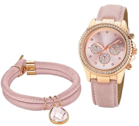 Crystal Blue Damen Armbanduhr Set Damenuhr Rose Chrono-Style Leuchtzeiger + Knebelarmband o. Tennisarmband Rose