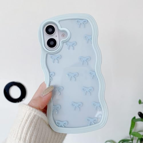 QLTYPRI Bow Case for iPhone 16, Clear Cute Ribbon Bow Phone Case Curly Wavy Aesthetic Phone Case, Slim Soft Transparent Shockproof Protective Cover for Women Girls - Light Blue