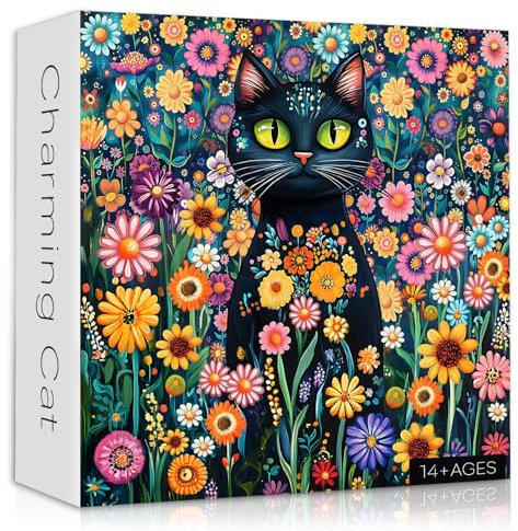 Cat Jigsaw Puzzle for Adults 1000 Pieces, Black Cat Garden Flowers Plants, Kitten Animal Themed Puzzle, Challenging for Adults Kitty