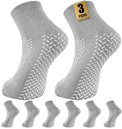 SukModen Double Tread Non Slip Hospital Socks, 3/6 Pairs, Extra Large | Double-sided grips provide traction if the socks rotate; breathable terry lining feels soft and comfortable for indoor wear.