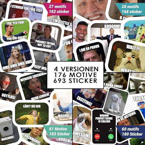 4er Set Lehrer Meme Sticker/Aufkleber 693 Stk. / 176 Motive / (1.Verion. / 2.Version. / Nur positive/Jugendwort) Lehrermemes für Noten/Lehrer Sticker/Lehrergeschenk/Lehrergeschenk Abschied