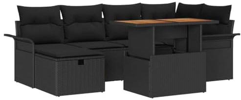 vidaXL Garten-Sofa-Set 7 pcs Schwarz Poly-Rattan, Moderne Garten-Sofaset, rechteckige Terrasse-Sitzmöbel, robuste Möbel für entspannte Stunden im Freien