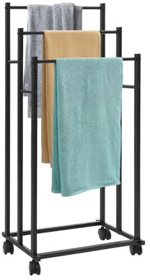 Porte-serviettes sur pied, porte-serviettes à 3 rails, porte-serviettes autoportant, salle de bain avec roulettes, porte-serviettes mobile en métal, noir, 44 × 21 cm