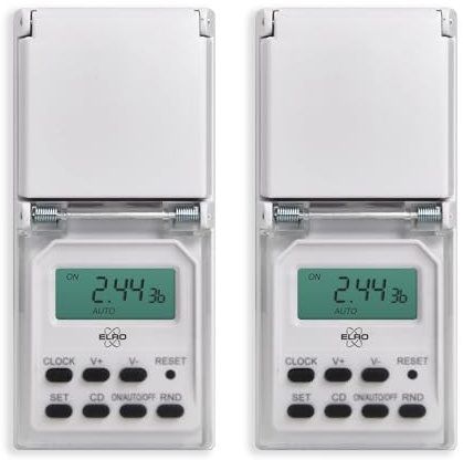 2-Pack ELRO TO3000 Temporizador Digital para Exteriores con Programa semanal programable, 10 Tiempos de conmutación por día, función aleatoria, IP44, Resistente al Agua, hasta 3600 W