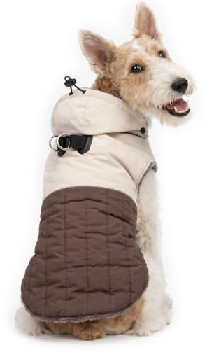 JoyDaog Abnehmbarer Hundemantel mit Kapuze und Geschirr für kleine Hunde, super warme Fleece-Welpenjacke für den kalten Winter, Braun, Größe S