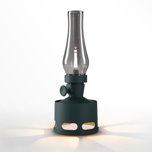 Tubicen Cordless Rechargeable Table Lamp, Vintage Battery Operated Oil Lamp Lantern Smart Blow/Tilt Off, 10-Level Rotary Touch Dimmable Flameless Kerosene Desk Night Light for Home Bedroom Decor Green