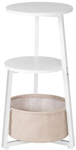 HOOBRO Runder Beistelltisch, dreistufiger Nachttisch mit Ablagen und Stofftasche, Couchtisch für kleine Räume, Sofatisch, Snacktisch, für Wohnzimmer, Schlafzimmer, Weiß EWW169BZ01