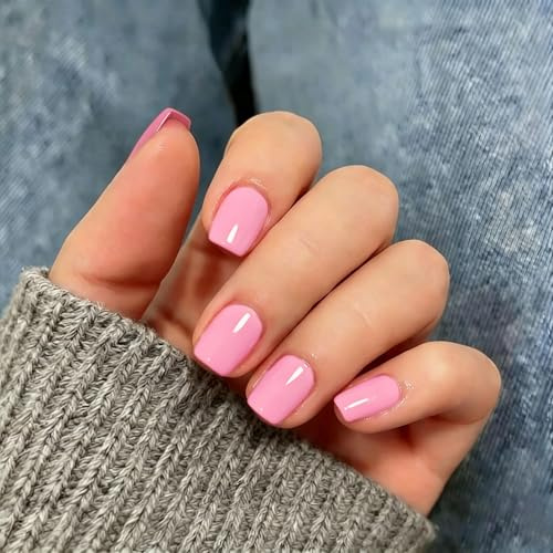 KQueenest Press On Nails Short Square, 30 Pcs 15 Sizes Bright Baby Pink False Nails Short, Reusable Thick Fake Nails Press ons, Soft Gel Natural Stick on Nails for Women Everyday Elegance
