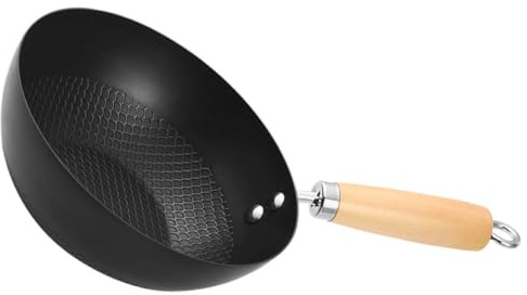 HEANUJJ Sartén Wok para Saltear de Hierro Mango Ergonómico y Base Plana, Adecuado para Cocina Fuego Abierto y Estufa de Leña, Color Negro