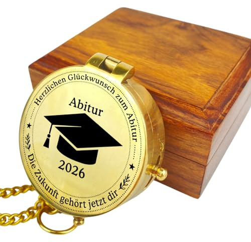 Personalisierter Messing Kompass zum Abitur – 9 Designs zur Auswahl – Wunschgravur auf Innenseite – In Poliert oder Vintage-Optik Schulabschluss Abi 2026