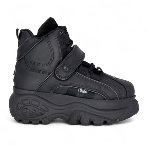 Buffalo 1348-14 2.0 Damen Schwarze Leder-Plateau-Sneaker mit hohem Absatz, modische Stiefeletten