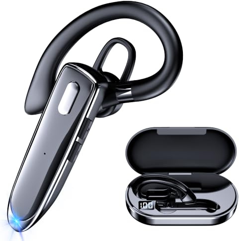 Single Ear Bluetooth Headset V6.1, Noise Cancelling Mic Wireless Earpiece | Handsfree Bluetooth Earphones, 800mAh Charging Case, 100H Standby for Truck Drivers & Business Calls（Black）