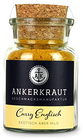 Ankerkraut Curry Englisch, Gewürz-Pulver mild, exotisches indisches frisches Aroma, Mischung Indien vegan, zuckerfrei, perfekt zu Reis, Fleisch und Gemüse, 70 g im Korkenglas