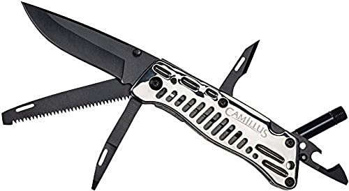 Camillus 19165 Trekus Pro Multifunktionswerkzeug, 8,4 cm Titanium Bonded 440 Stahlklinge, Edelstahlgriff, 9 Funktionen mit LED Multitool, schwarz/Silber, 18,5 cm