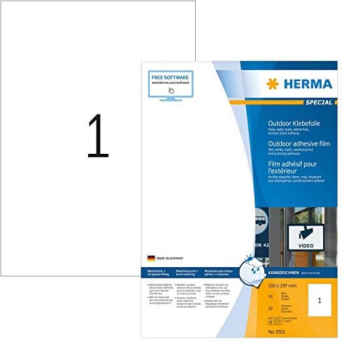 HERMA 9501 Wetterfeste Folienetiketten, 50 Blatt, 210 x 297 mm, 1 pro A4 Bogen, 50 Stück, selbstklebend, bedruckbar, matt, blanko Outdoor Klebeetiketten Aufkleber aus Polyethylen, weiß