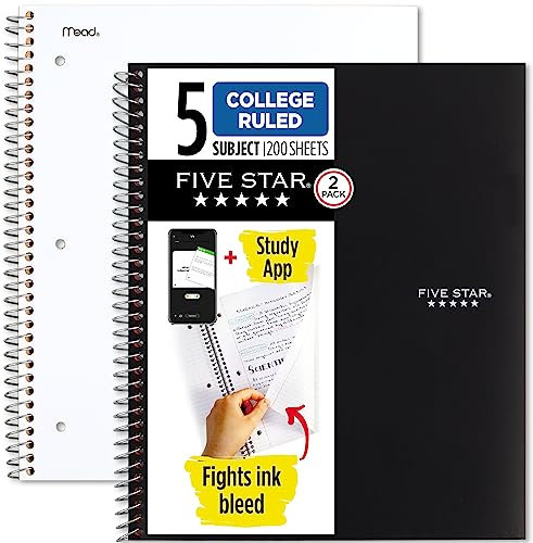 Five Star Spiralnotizbücher Plus Lern-App, 2 Stück, 5 Fächer, College-Papier, 27,9 x 21,6 cm, 200 Blatt, Schwarz und Weiß (73035)
