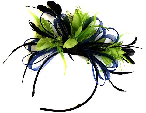 Navy Blue and Green Feather Hair Fascinator Headband Wedding and Royal Ascot Races Ladies