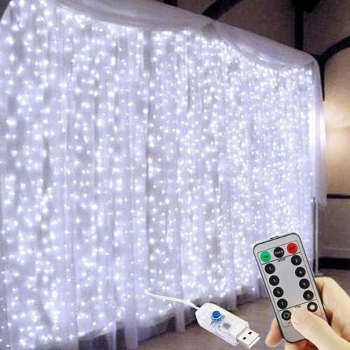 300 LED Curtain Lights, USB Plug in Window Lights 3m x 3m 8 Modes Remote Control Fairy Light Waterproof LED Copper String Lights for Outdoor Indoor Wedding Party Garden Bedroom Decoration