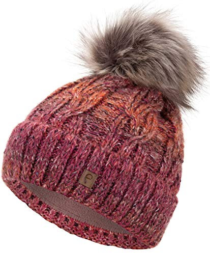 Faera Wintermütze Mütze Damen gefüttert mit Pailletten Bommelmütze Fleecefutter Winter Strickmütze Beanie-Mütze, Farbe:Rot