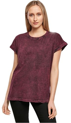 Build Your Brand Ladies Acid Washed Extended Shoulder Tee, Berry Black, 4XL