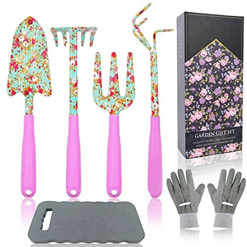 Colwelt Blumen-Gartenwerkzeug-Set, 6-teilig, Garten-Set mit schönem Aufdruck, Gartengeschenke für Frauen mit Umpflanzkelle, Gabel, Handrechen, Kultivator, Gartenhandschuhe und Knieunterlage