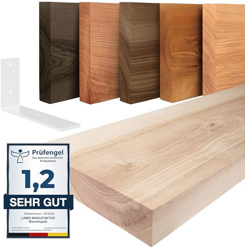 LAMO Manufaktur Wandregal Holz Gerade | Regal Farbe: Roh | mit weißem Basic Regalträger | 80 cm