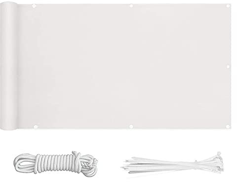 XIANPING Balkonbespannung 1.2x8.5m Seitenmarkise Schattentuch 100% Polyester Wind- und UV-Schutz mit Nylon Kabelbinder und Korde für Balkongeländer Garten Terrasse, Weiß