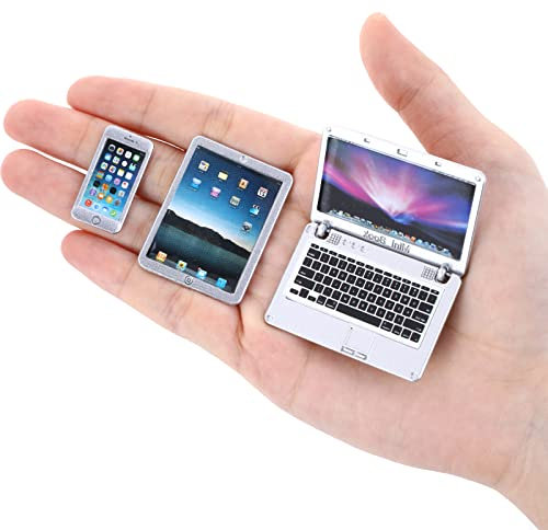 cobee 1:12 Puppenhaus Mini Laptop Set, Mini Metall Laptop Tablet Smartphone 3pcs Szene Simulation Zubehör Puppenhaus Möbel Puppenzubehör Spielset (Weiß)