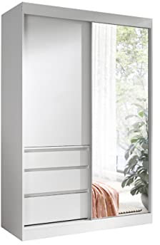 Schwebetürenschrank Megajra mit 3 Schubladen und Spiegel, Kleiderschrank, Schiebetürenschrank mit 2 Kleidestangen, Garderobe, Schlafzimmer (Breite: 140 cm, White)