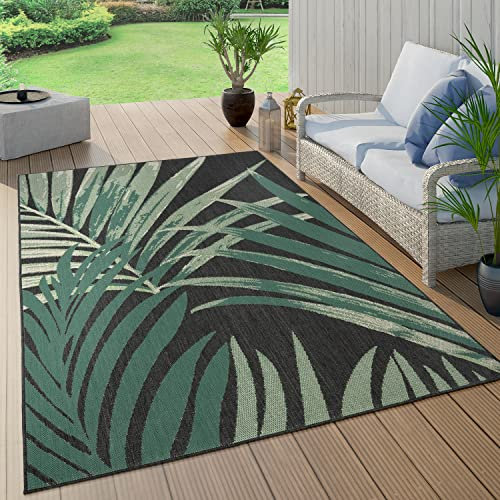 Paco Home Outdoor Teppich Wetterfest Flur Balkon Palmen Dschungel Florales Boho Muster Grün, Grösse:160 cm Rund, Farbe:Schwarz 2