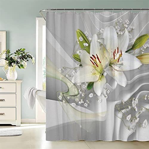 JIARAO Weiße Lilie Duschvorhang 180x200 Schöner Druck Badezimmer Vorhänge Anti-Schimmel Anti-Bakteriell 3D Digitaldruck Waschbar Badewanne Vorhang Polyester Stoff mit 12 Duschvorhangringen