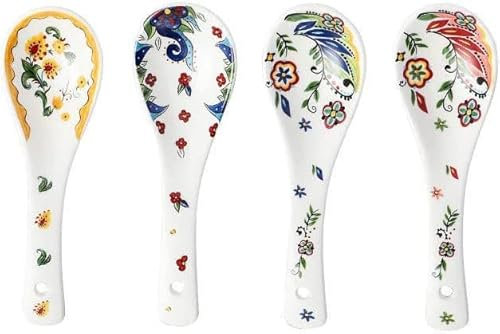 Juego de cucharas de sopa de cerámica, estilo chino, cucharas de arroz de porcelana esmaltada, juego de 4 cucharas asiáticas (bohemias)