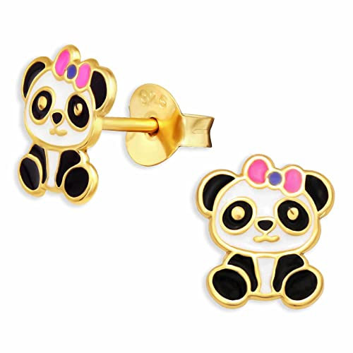 Monkimau Panda Ohrstecker Ohrringe aus 925 Silber Schmuck Silberohrringe Medizinisch für Kinder Mädchen Damen Frauen Gold plattiert