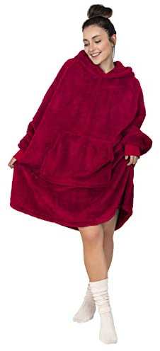 Gräfenstayn® flauschige Sherpa Hoodie Decke mit Ärmeln & Kapuze - Öko-tex Standard 100 - tragbare Kuschel-Decke zum Anziehen, Kuschel-Pullover - Geschenke für Frauen, Männer (L - XL, Bordeaux)