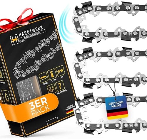 HARDTWERK ALPHA Sägeketten 3/8 1,1mm für 35cm Schwert 52 TG 3er Pack Halbmeißel [Deutscher Stahl] kompatibel mit Kettensägen von Makita, Husqvarna, Dolmar, Bosch, Kärcher und mehr (Selbstölend)