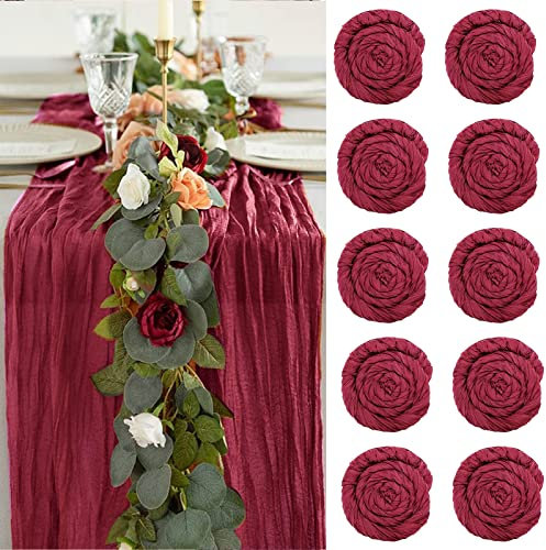 Käsetuch-Tischläufer, 10 Stück, 90 x 400 cm, Weinrot, Käsetuch-Tischläufer, Gaze-Tischläufer für Boho, Hochzeit, Brautparty, Geburtstagsfeier, Kuchen, Tischdekoration, Tischläufer, Weinrot