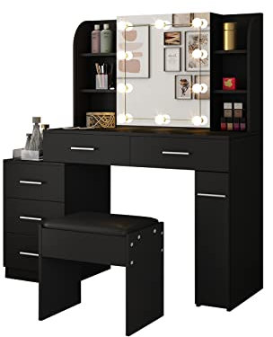 Schminktisch mit LED-Beleuchtung & Schiebespiegel, Schwarz Kosmetiktisch mit 5 Schubladen 6 Regalen, Modernes Frisiertisch mit Hocker für Schlafzimmer