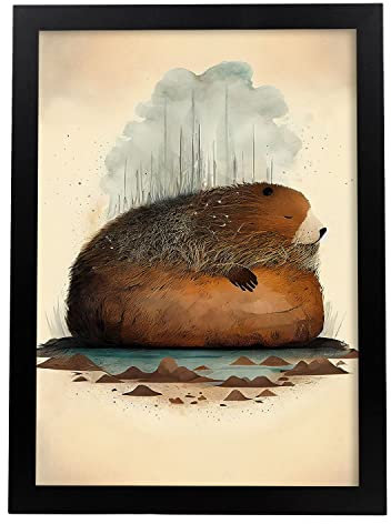 Nacnic Biber Poster im Präzisionsstil. Illustrationen süßer schlafender Tiere in warmen Farben für Kinderzimmer. Innenarchitektur und Dekoration. A4 mit schwarzen Rahmen.