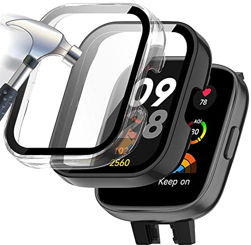 Acadeny 2 pezzi Custodia rigida compatibile con xiaomi redmi watch 3 con pellicola protettiva,9H Durezza Hart PC Case sottile in vetro temperato per Smart, Trasparente+Nero