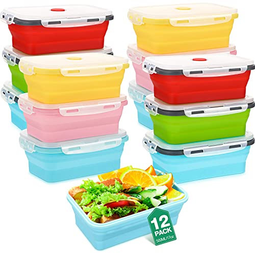 Maxdot Set of 12 Silicone Food Storage Container Back to School Collapsible Bowls with Lids Vacuum Seal Silicone Lunch Box for Fruit Meal Freezer Kitchen Microwave Dishwasher Safe(Mixed Color,17 oz)