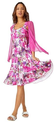 Roman Originals Women Textured Pointelle Shrug - Ladies Drop Needle Open/Tie Front Cropped Cardigan Lace Embellished Casual Summer Classic Cover Up Knitwear Cardie - Fuchsia Rose - Size 10